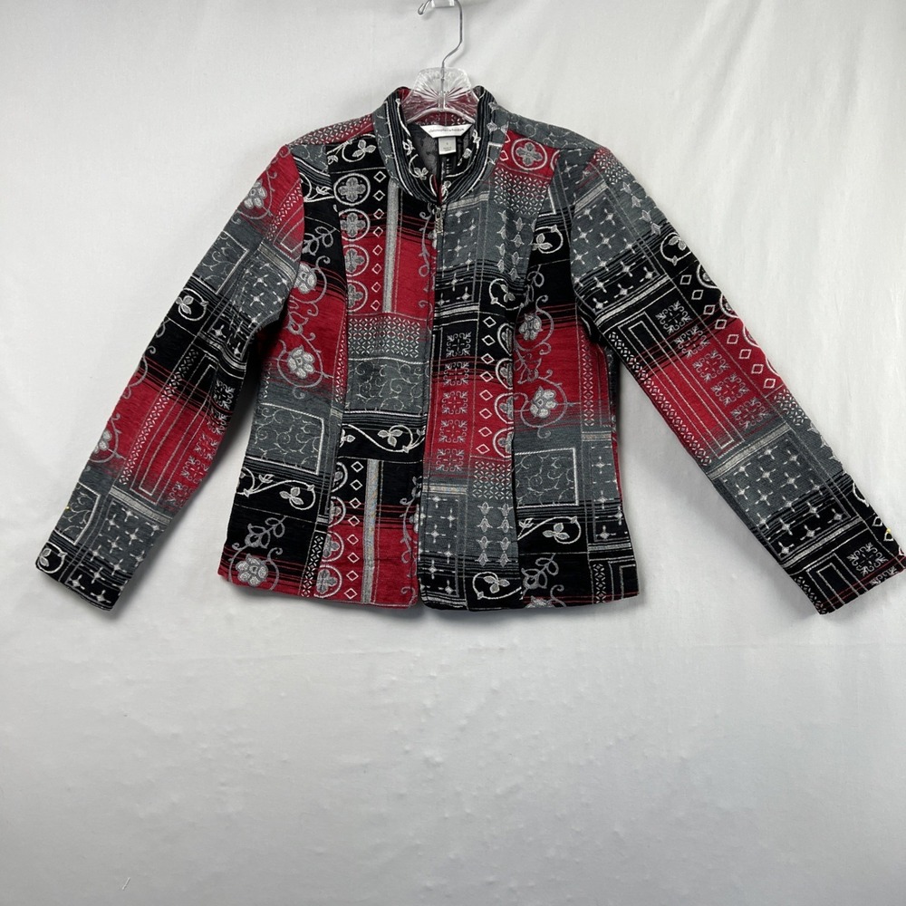 Christopher & Banks Tapestry Jacket Women Small Jacquard Full Zip Artsy Red Gray